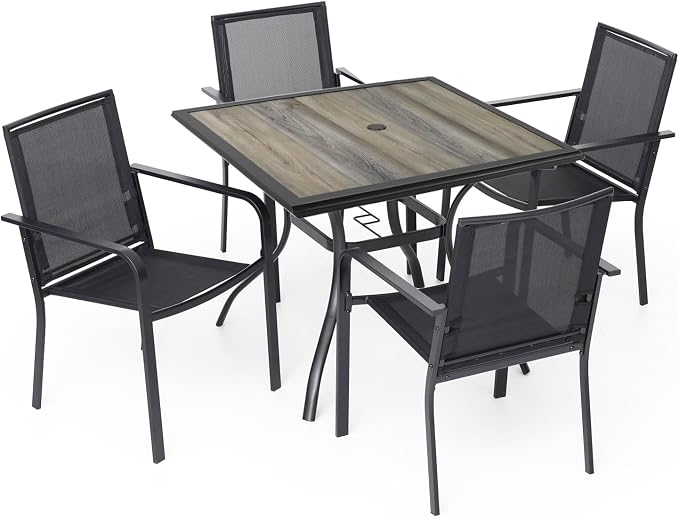Outdoor 37" PVC Square Patio Table and Black Stackable Chairs 5 Piece | Stackable Chairs, Square Table, Table and Chair with Metal Frame, Pvc Table Top, All Weather, Textilene fabric Seat and Back