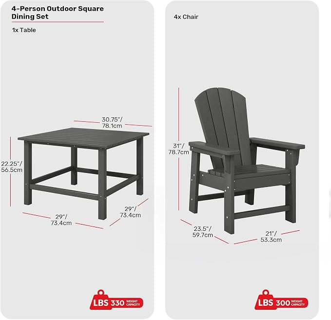 Costaelm Paradise Kids 5-Piece HDPE Outdoor Square Patio Dining Table and Chairs Set, Gray