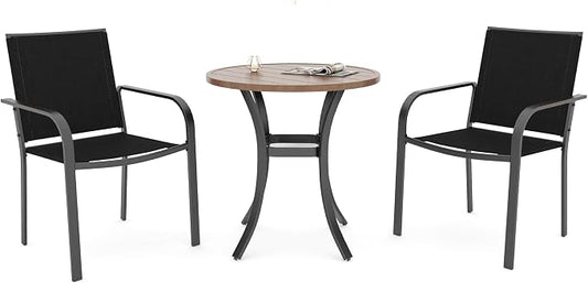 Anmutig 3 Piece Outdoor Patio Dining Set with 27.5" Wood-Like Brown Round Table Top and 2 Stackable Black Chairs