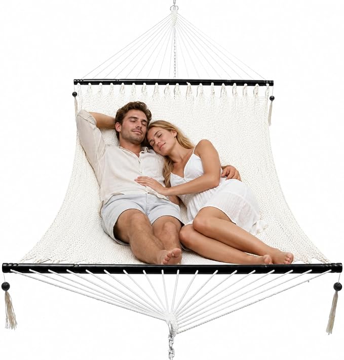 PNAEUT 2 Person Rope Hammocks for Outside, Handwoven Double Caribbean Hammock with Spreader Bar for Outdoor Indoor, Max 600 lbs Capacity (Cream)