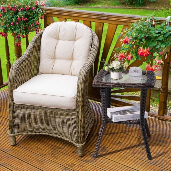 Outdoor Wicker Side Table, Rattan End with Glass Top, Patio Coffee Bistro for Indoor Garden Porch Balcony (Brown)