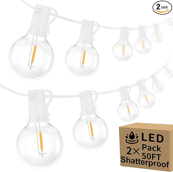 100ft Outdoor G40 LED Globe String Lights Dimmable Shatterproof Waterproof | Light Strings with 52 Bulbs Connectable Commercial Hanging Lights for Patio Balcony Backyard Party (White Wire, 2-Pack)