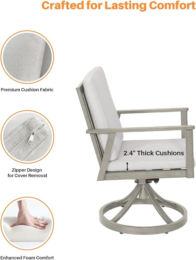 Outdoor Swivel Patio Dining Chairs, 2 Pieces Aluminum Patio Swivel Chairs with Cushions, 360° Rotation, Weather-Resistant Patio Dining Furniture Chairs for Decks, Garden, Poolside, Limed Oak