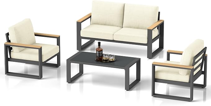 RoyalCraft Aluminum Patio Furniture, 4-Seats Metal Outdoor Furniture Set with Coffee Table, Modern Patio Sofa Sets Outdoor Conversation Set for Pool Garden Porch Backyard, Beige