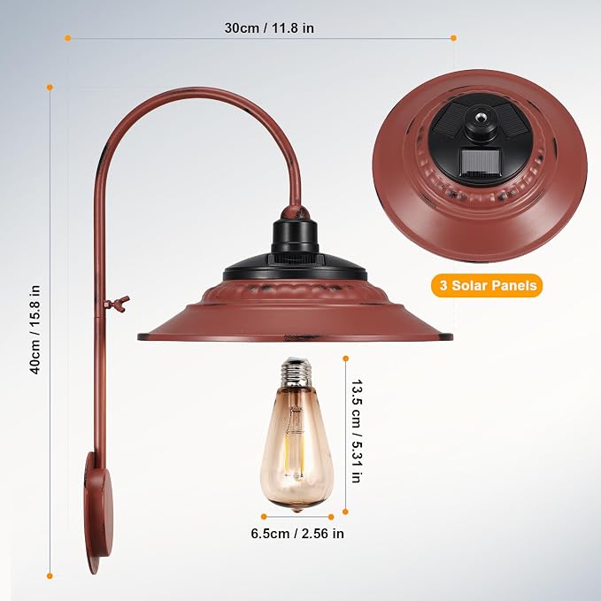 Solar Barn Lights Outdoor, 2PCS Waterproof Wall Light Fixture, Rustic Vintage Metal Gooseneck Solar Wall Mount Lights with Gold Interior, Shed Light for Outdoor Garage Porch Chicken Coop