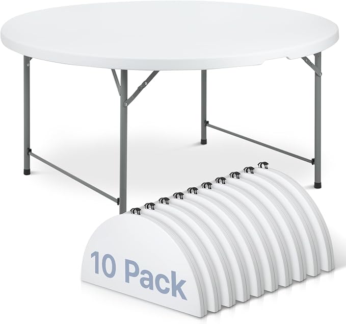 Magshion 65" Round Folding Table 5.5 Feet Plastic Bi-Folding Commercial Dining Event Table for Indoor Outdoor Camping Picnic Party, White, 10 Pack