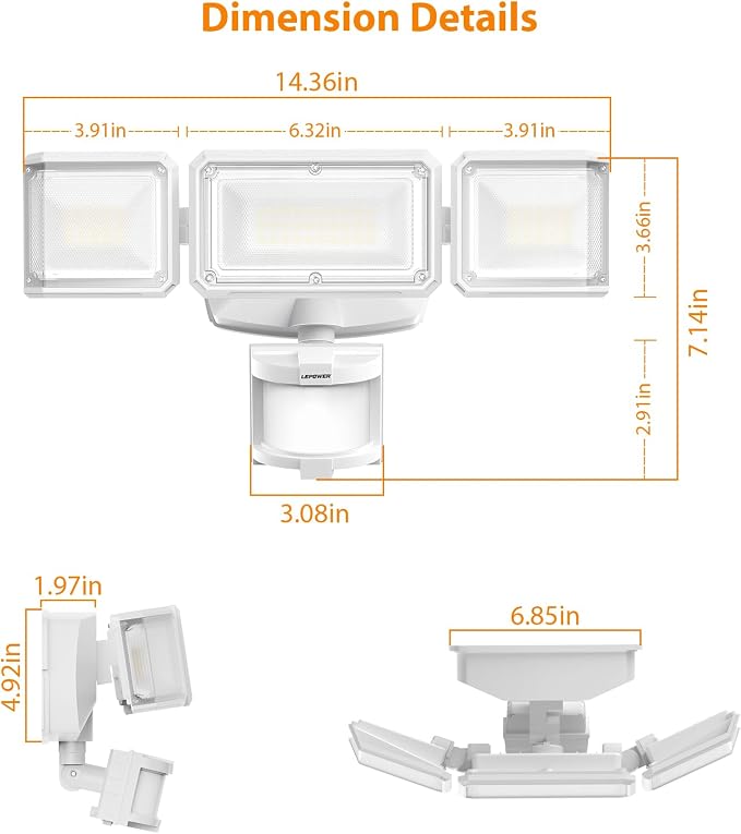 LEPOWER 1500LM Battery Powered Outdoor LED Flood Light with Motion Sensor | IP65 Waterproof, Wireless Battery Operated Security Lights, 3 Head Motion Detector Light for Garage,Yard,Porch,Driveway-White