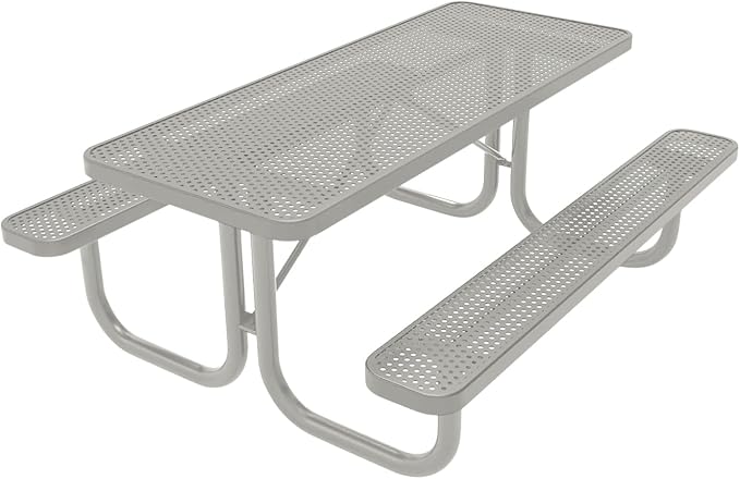 COATEDOUTDOORFURNITURE Heavy-Duty Portable Outdoor Picnic Table, Thermoplastic Coated Punched Steel Commercial-Grade Patio Furniture Made in America (6ft Rectangular, Grey with Grey Frames)