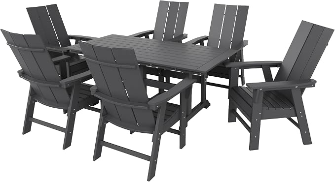 WestinTrends Ashore 7 Pieces Adirondack Outdoor Dining Set, All Weather Poly Lumber Slatted Modern Farmhouse Outdoor Furniture Set, 71" Trestle Dining Table and 6 Adirondack Dining Chair, Gray