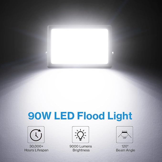 Olafus 2 Pack 90W LED Flood Light Outdoor, 9000LM Super Bright LED Work Lights Plug in, 6500K IP66 Waterproof Exterior Floodlight for Yard Lawn Garden