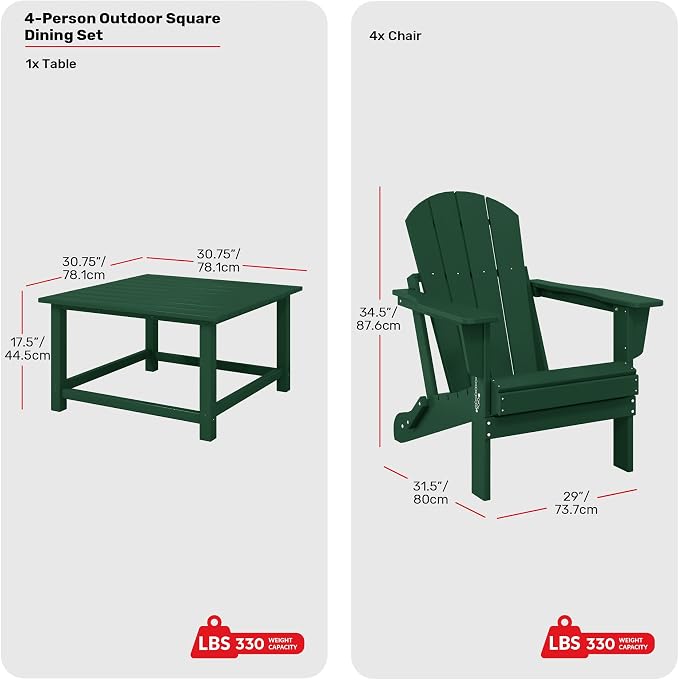 Costaelm Patio Conversation Set, 5 piece Balcony Furniture, Small Patio Firepit Furniture Outdoor Adirondack Square Coffee Table and Chair for Backyard Lawn Porch Pool Garden, Dark Green