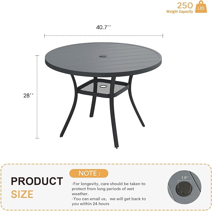 VICLLAX Metal Outdoor Dining Table for 4, All Weather 40.7" Black Round Patio Table with Adjustable Umbrella Hole for Lawn, Garden, Balcony and Poolsides, GreyTabletop