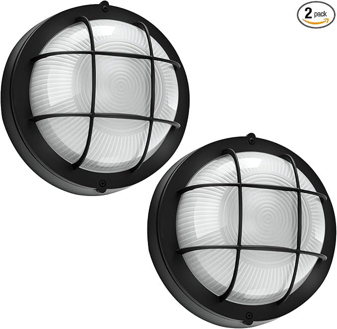 8"Outdoor Bulkhead Light, Black Round Exterior Bulkhead Wall Light Fixture, Nautical Bulkhead Sconce lighting, Waterproof Sauna Light, Wall/Ceiling Flush Mount, Aluminum & Glass, E26 60W, 2 Pack