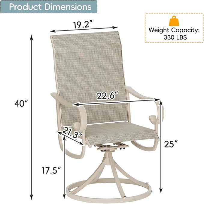 5 Piece Patio Dining Set for 4 Swivel Chairs and 42” Round Metal Table with Umbrella Hole, All Weather Patio Dining Furniture Set for Deck Lawn Backyard, Sandshell