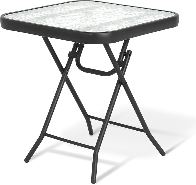 Folding Outdoor Side Table -Patio End Bistro Tables Portable Small 17.5" Square Tempered Glass Top Waterproof Dining Coffee Metal Black