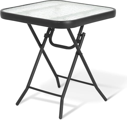 Folding Outdoor Side Table -Patio End Bistro Tables Portable Small 17.5" Square Tempered Glass Top Waterproof Dining Coffee Metal Black