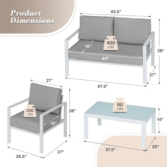 Athena Collection 4 Pieces Outdoor Patio Furniture Set, Metal Outdoor Table and Chairs Loveseat with Cushion, Patio Sofa Conversation Set Balcony Furniture for Garden, Porch, Backyard, Grey