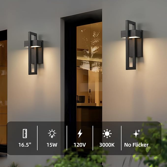 16.5'' Modern LED Outdoor Wall Sconce, Integrated LED Outdoor Light Fixtures Wall Mount Exterior Lights, Black Front Porch Outside Lighting for House, Backyard, Warm White 3000K, 1 Pack