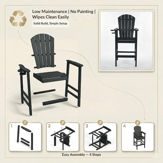 WILLIAMSPACE Patio Bar Chair Bar Stool, Outdoor All Weather HDPE Height Adirondack Chair with Armrests & Cup Holder, 1-Piece Counter Height Chair for Pool, Garden, Kitchen, ONLY 1 Chair (Black)