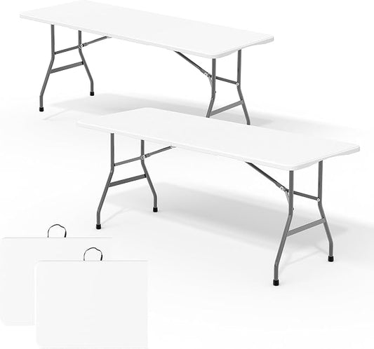 Garvee 6FT Portable Folding Table 2 Pack, HDPE Plastic Foldable Table with Carry Handle for Camping, Parties, Picnic & Events Indoor Outdoor, White