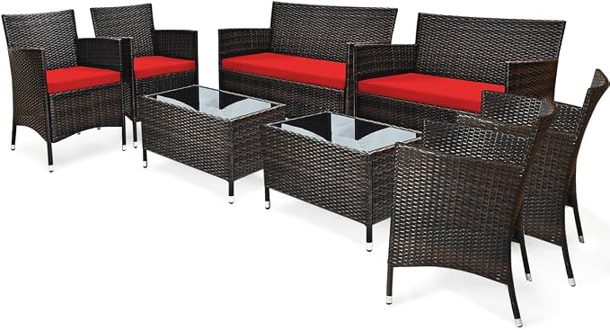 8 Pieces Patio Sofa Set, Wicker Conversation Set with Ergonomic Curved Backrest, Water-Resistant Cushion & Tempered Glass Table for Balcony, Porch (Red)
