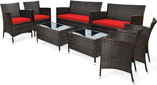 8 Pieces Patio Sofa Set, Wicker Conversation Set with Ergonomic Curved Backrest, Water-Resistant Cushion & Tempered Glass Table for Balcony, Porch (Red)