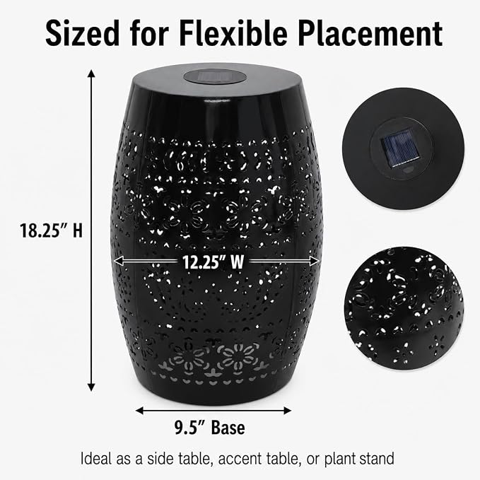 12" Outdoor Solar Side Table, Multi Functional Decorative Cutout Metal Round Side Table, Coffee Table, Night Stand, Plant Stand for Patio, Garden, Backyard, Gazebo Indoor (Black)