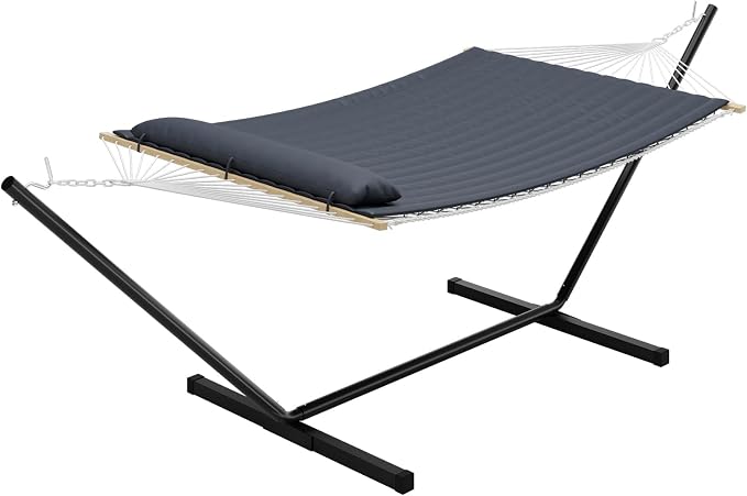 Double Hammock with Stand for 2, Heavy Duty 350 Lb Capacity Portable Rope Hammock for Indoor & Outdoor Use, Includes Padded Mat and Pillow, Tool-Free Easy Assembly, Dark Gray