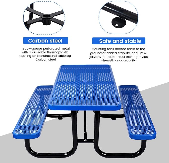 72" Rectangular Metal Picnic Table for 4-8 Person, Durable Heavy Duty Commercial Picnic Table with Umbrella Hole for Outdoor Coffee Shop, School, Hospital, Easy to Install, Blue