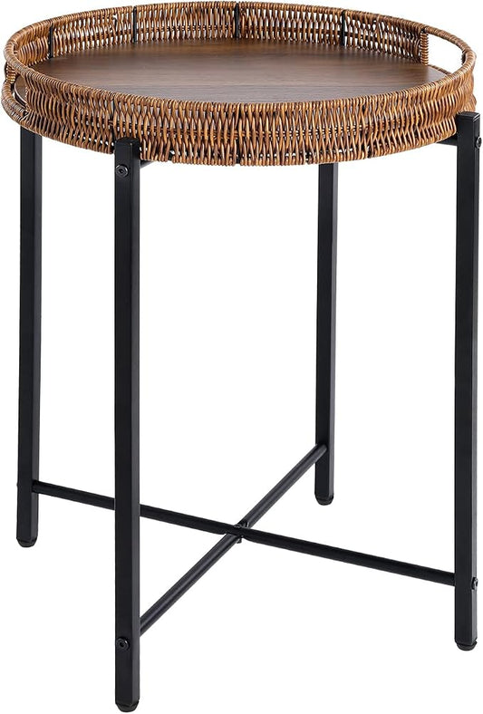 16.5in Round Rattan Side Table with Wooden Top, Small Wicker End Table, Indoor/Outdoor Use