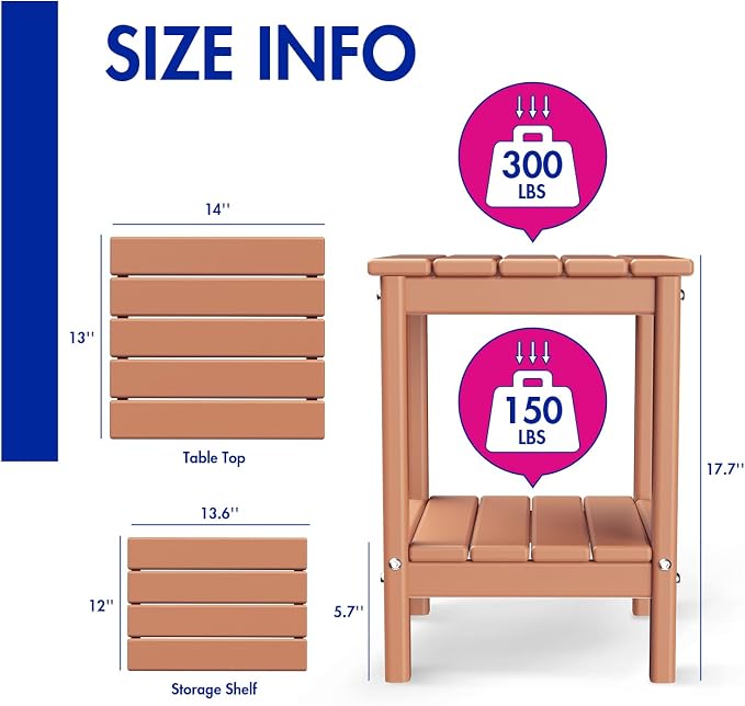 BRIOPAWS Outdoor-Side-Tables | Set of 2 | Small | HDPE Plastic | Patio End-Table | 2-Shelf Adirondack Outside Tables | All Weather | for Poolside Front Porch Indoor Living Room | 14" x 13" | Teak
