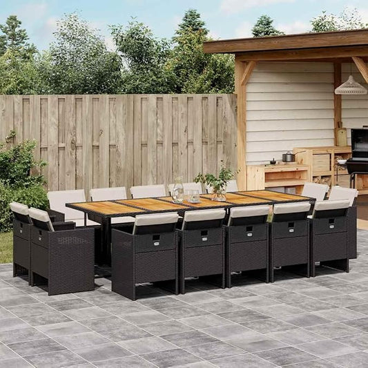 14-Seater Garden Dining Set, Patio Rattan Furniture with Cushions, Black and Cream Outdoor Table and Chair Collection for Large Gatherings