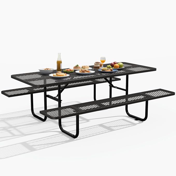 72 Inch Heavy Duty Picnic Table for Outdoors, Rectangular Camping Table with Benches and 1.78" Umbrella Hole, Commercial Grade Steel Frame, 2200 lbs Load Capacity, Black