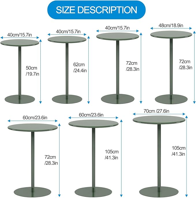 Height Adjustable Outdoor Bar Table - Green Metal Bistro Table for Patio, Garden, Pool, and Terrace - Space-Saving Round Dining Table (60x60x105cm)