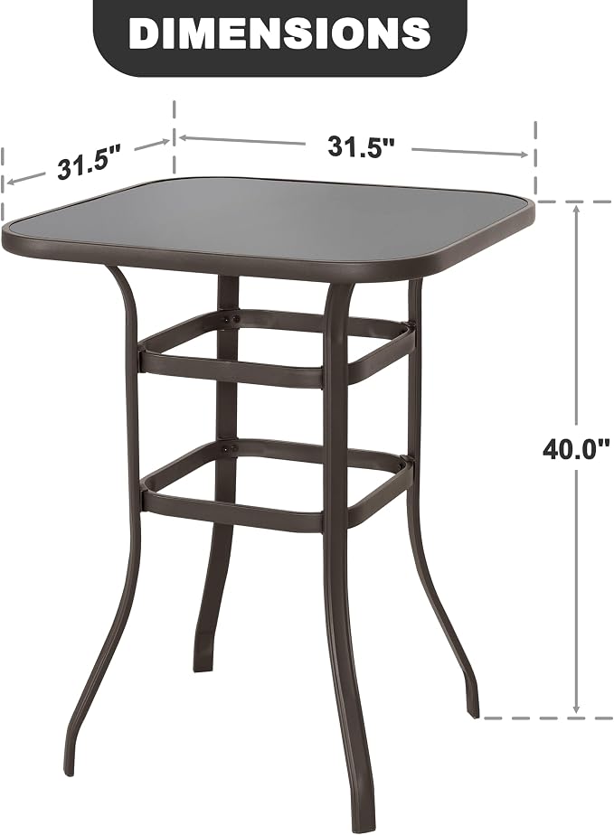 Avestar Nuu Garden Patio Bar Table, 32 Inch Outdoor Bar Height Bistro Table with with Tempered Glass Table Top and Powder-Coated Iron Frame,Black