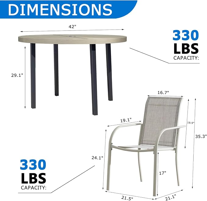 5-Piece Patio Furniture Set, Patio Table and Chairs Set of 4, Ivory Round Patio Table and Grey Chairs, Patio Furniture Set for Garden, Yard, Patio