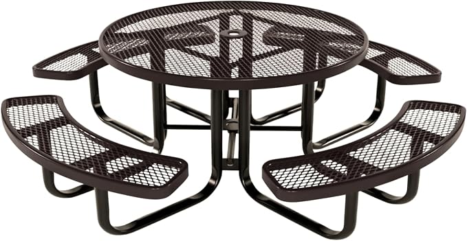 COATEDOUTDOORFURNITURE Heavy-Duty Portable Outdoor Kids Table with Umbrella Hole, Expanded Metal Kids Picnic Table, Commercial-Grade, Made in America (46 in, Round, Childrens, Brown)