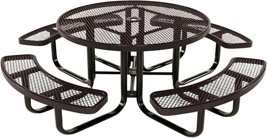 COATEDOUTDOORFURNITURE Heavy-Duty Portable Outdoor Kids Table with Umbrella Hole, Expanded Metal Kids Picnic Table, Commercial-Grade, Made in America (46 in, Round, Childrens, Brown)