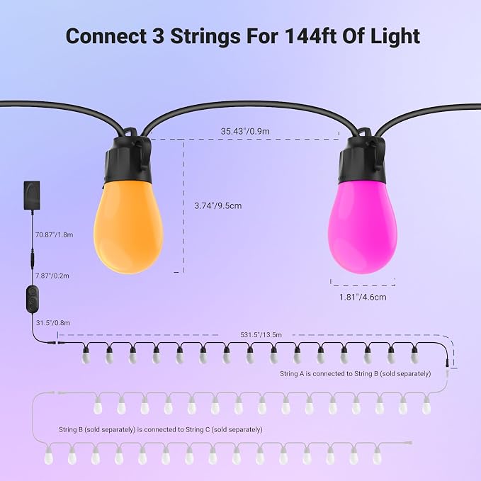 NEEWER 48ft Outdoor String Lights, App Control Smart AI RGB IC W Hanging Outside Patio Balcony Backyard Holiday Lighting, IP65 Waterproof, 15 LED Bulbs, 50+ Scenes, Compatible with Alexa Google, NR01