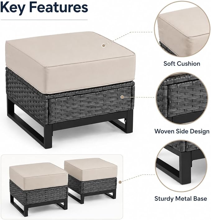 Outdoor Ottomans Set of 2, PE Wicker Patio Footstools with Removable Cushions, All-Weather Rattan Outdoor Ottoman Set for Patio, Backyard, Garden, Porch, Beige