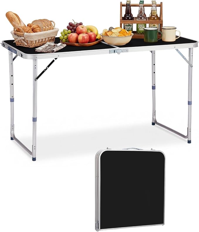 Outvita 4ft Portable Folding Camping Table, Outdoor Waterproof Adjustable Height Table, Aluminum Lightweight Suitcase Foldable Table for Picnic BBQ Beach Dining