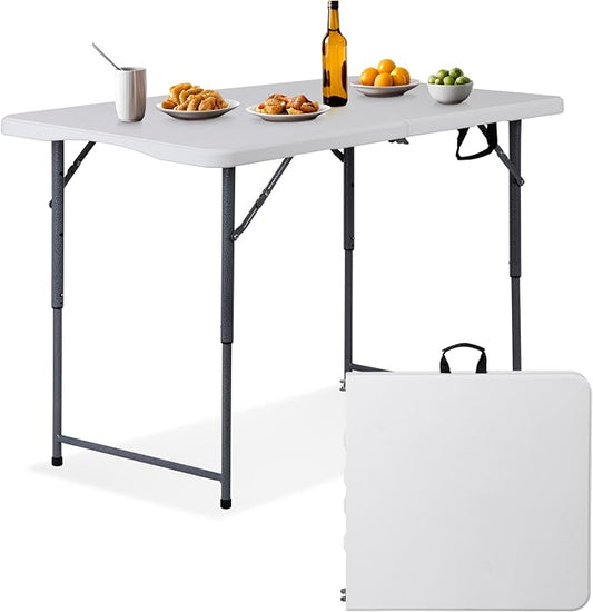4 FT Folding Table, Fold in Half, Height Adjustable Heavy Duty Portable Plastic Table w/Handle for Picnic Party Camping Dining Indoor Outdoor, Lightweight White