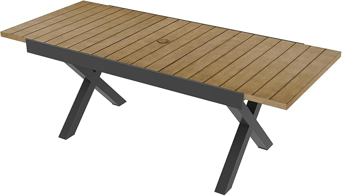 Teak Expandable Outdoor Dining Table for 8, Never-Rust Aluminum Patio Dining Table, 63''-83'' X-Shaped Extendable Dining Table with Umbrella Hole for Garden Porch Deck Indoor or Outdoor Meals