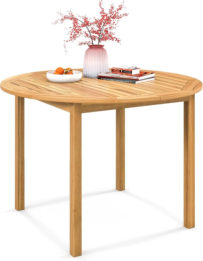 SlickBlue Round Patio Dining Table for 4, Acacia Wood, Indoor and Outdoor Use