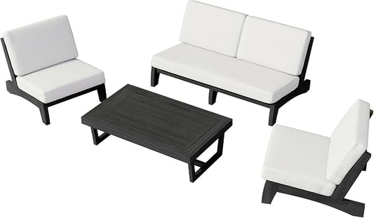 4 Piece Teak Outdoor Patio Frutnire Set, 5 Seater Patio Conversation Sets with Thick Cushions, Outdoor Sectional Furniture with Coffee Table - Beige