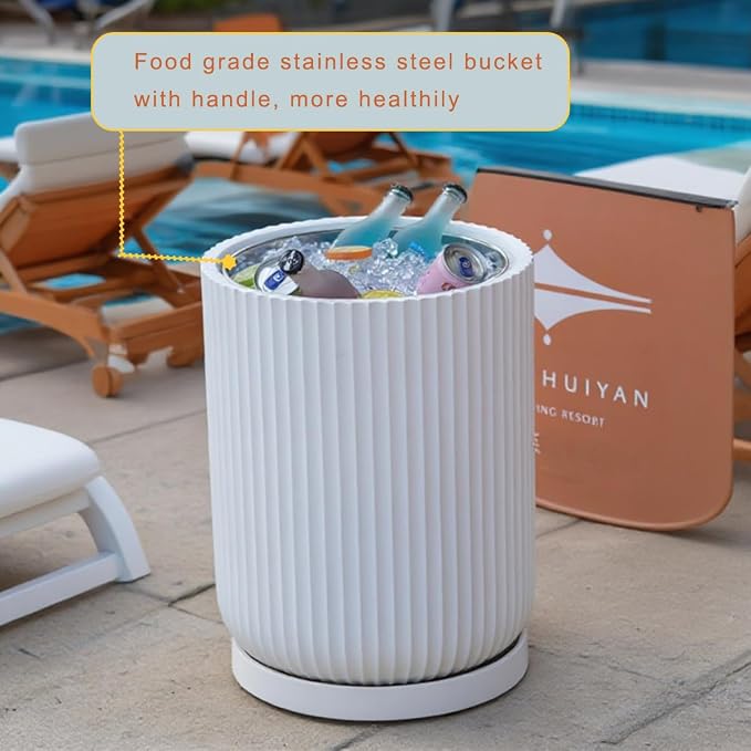 Outdoor Cooler Side Table with Wheels, Patio Table with Stainless Steel Ice Chest Storage Bucket, Designed for use as Party Side Table, Patio Decor for Pool Garden, White