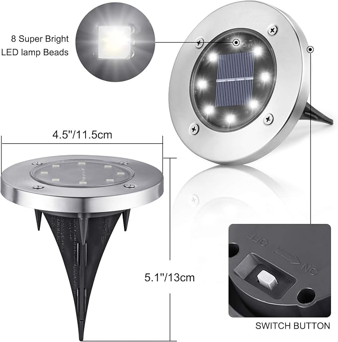 LYHOPE Solar Ground Lights Outdoor, 12 Pack 8 LED Solar Disk Lights Waterproof Garden In-ground Pathway Light Landscape Lighting for Lawn,Yard,Deck,Patio,Walkway (White)