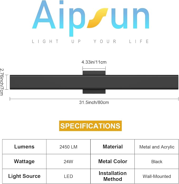 Aipsun Black Outdoor Wall Sconce 3000K 4000K 6000K, 31.5in Modern Exterior Light 1 Pack, Long LED Linear Wall Light Outside Lighting for Entrance, Hallway, Garage, Porch(3CCT)