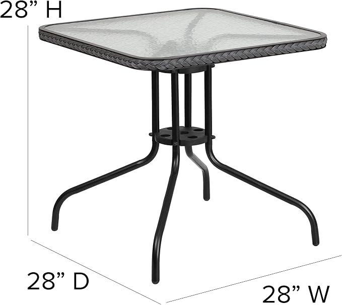 EMMA + OLIVER 28" Square Tempered Glass Metal Table with Gray Rattan Edge