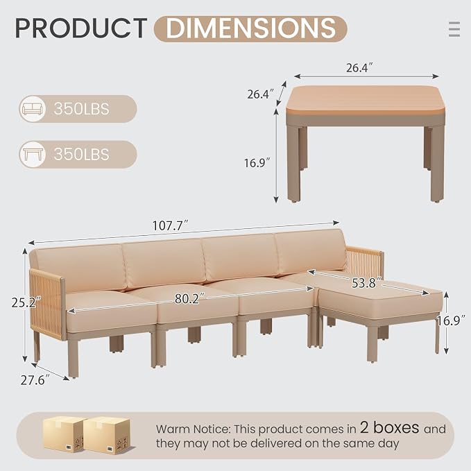 EROMMY 6 Pieces Patio Sectional Furniture Set, Metal Frame Outdoor Conversation Set with Ottoman, 6" Thick Cushions & Coffee Table, All-Weather Sectional Sofa for Poolside, Deck, Backyard, Beige